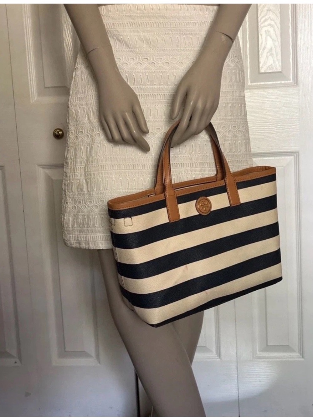 Tory Burch Navy and Cream Striped Tote with Tan Leather Accents - Picture 2 of 16